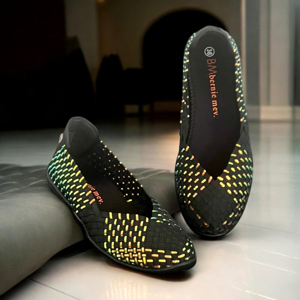 Bernie Mev Catwalk Ballet Flats Black Iridescent Woven Elastic EU 38 US 7.5-8